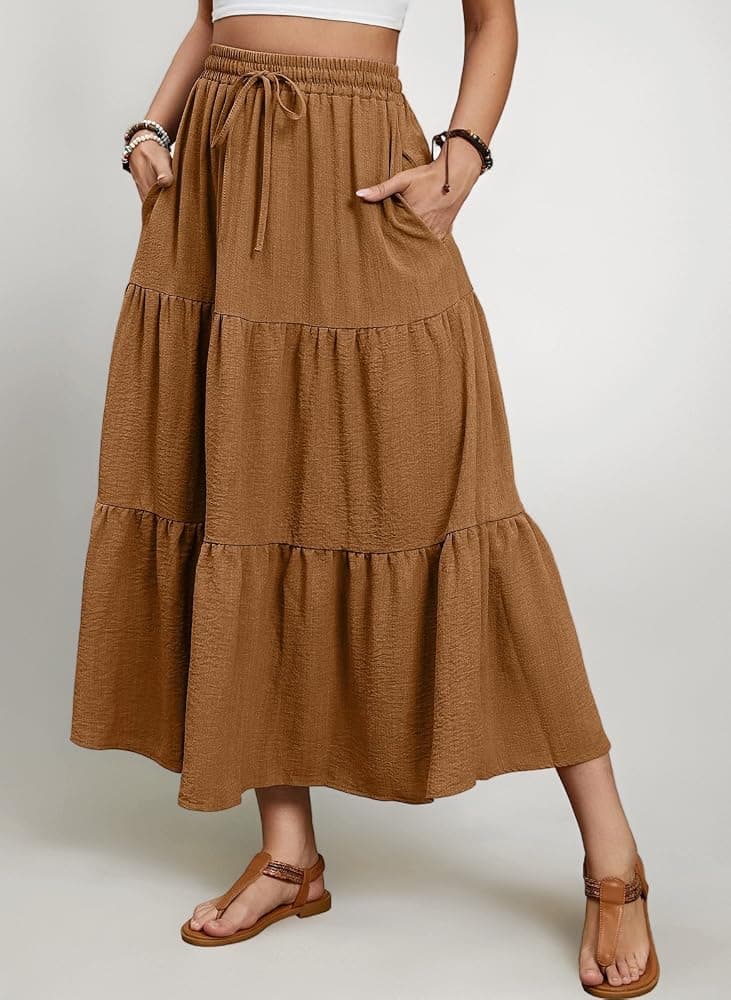 Lyrur Maxi Skirts for Women 2024 Summer Elastic High Waist A-Line Flowy 3-Layer Tiered Ruffle Long Skirt with Pockets, Brown, S : Amazon.co.uk: Fashion