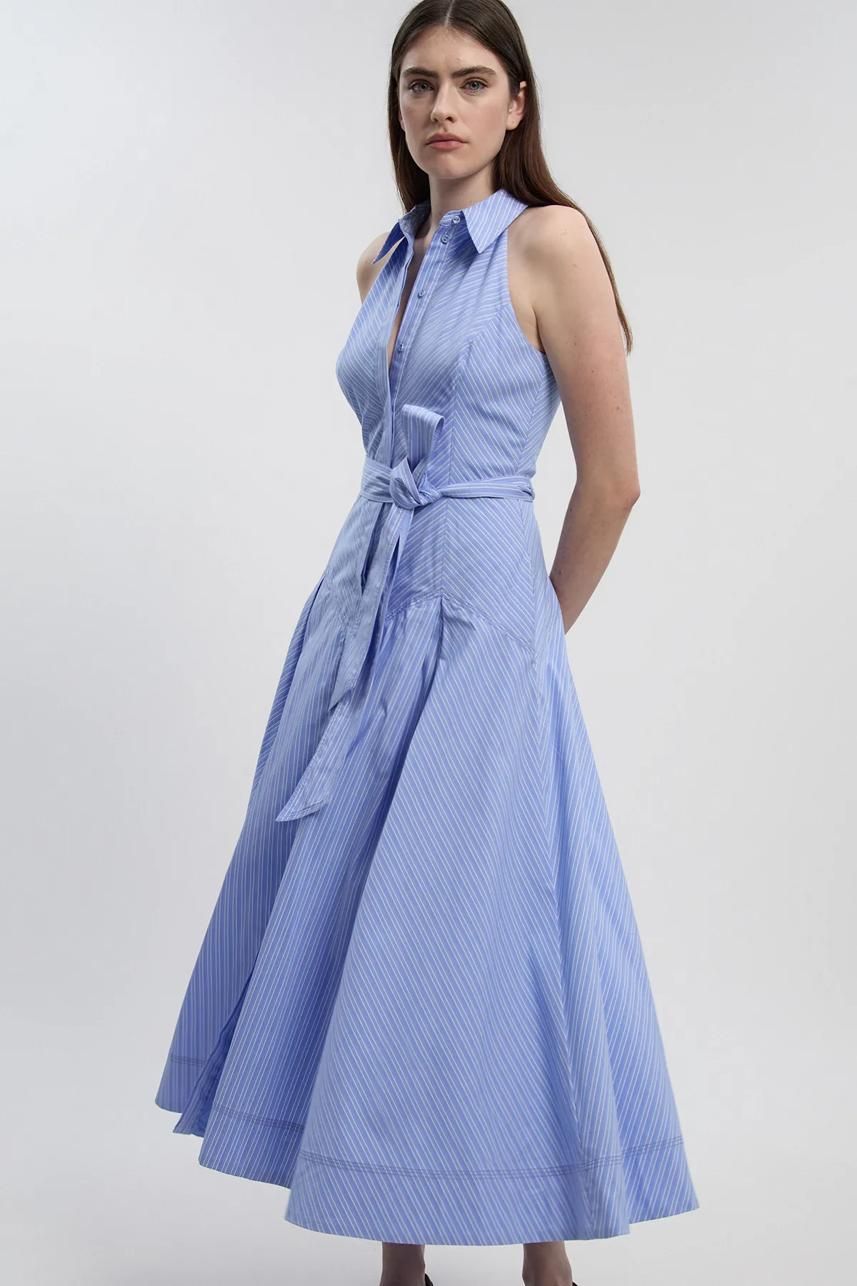 Stripe Petite Cotton Collared Stripe Halter Neck Woven Midi Shirt Dress With Dropped Waist Detail | Karen Millen