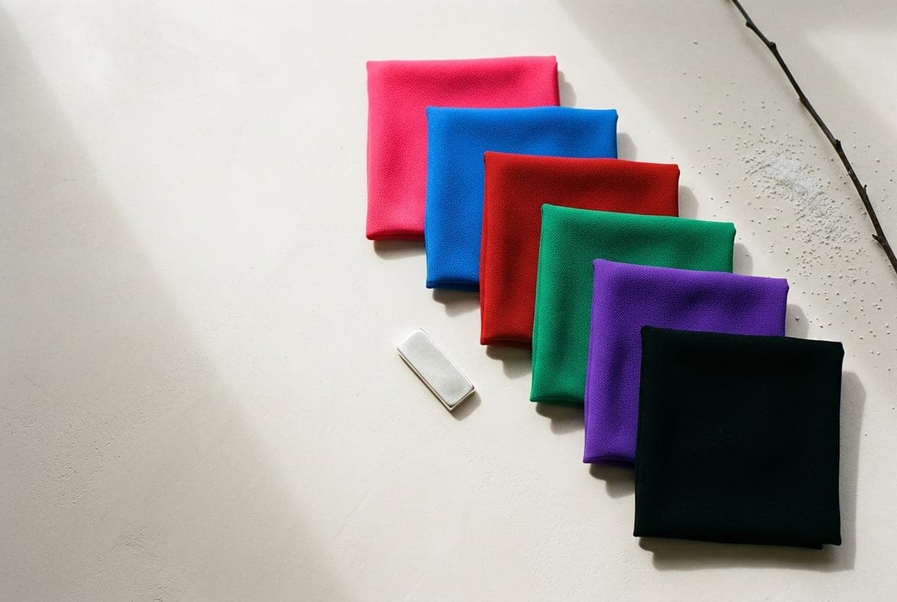 Folded squares of fabric in the Bright Winter palette, with its best neutral and metal