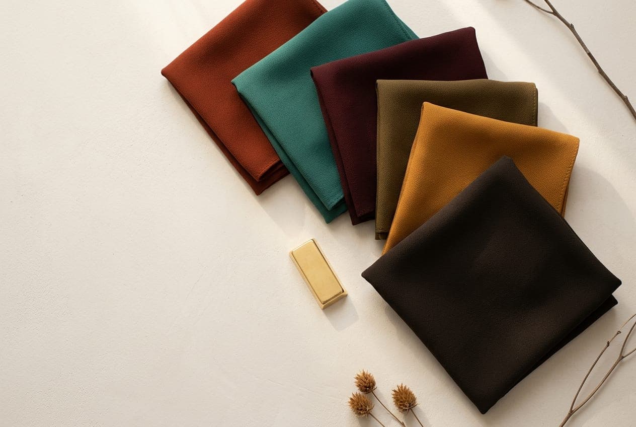 Folded squares of fabric in the Deep Autumn palette, with its best neutral and metal