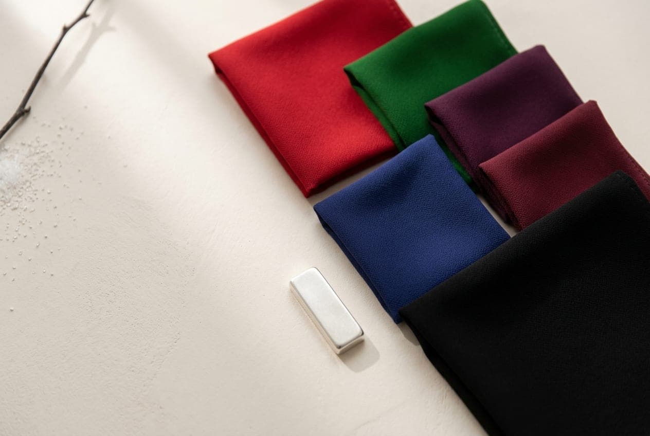Folded squares of fabric in the Deep Winter palette, with its best neutral and metal