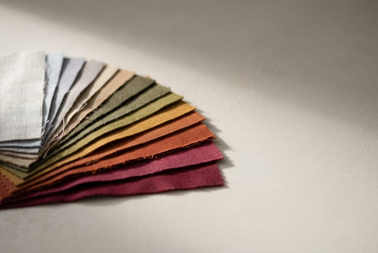 A fan of fabric swatches running from cool pales through warm mid-tones to deep saturated colours