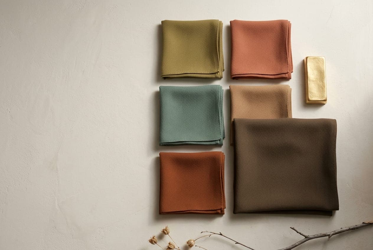 Folded squares of fabric in the Soft Autumn palette, with its best neutral and metal