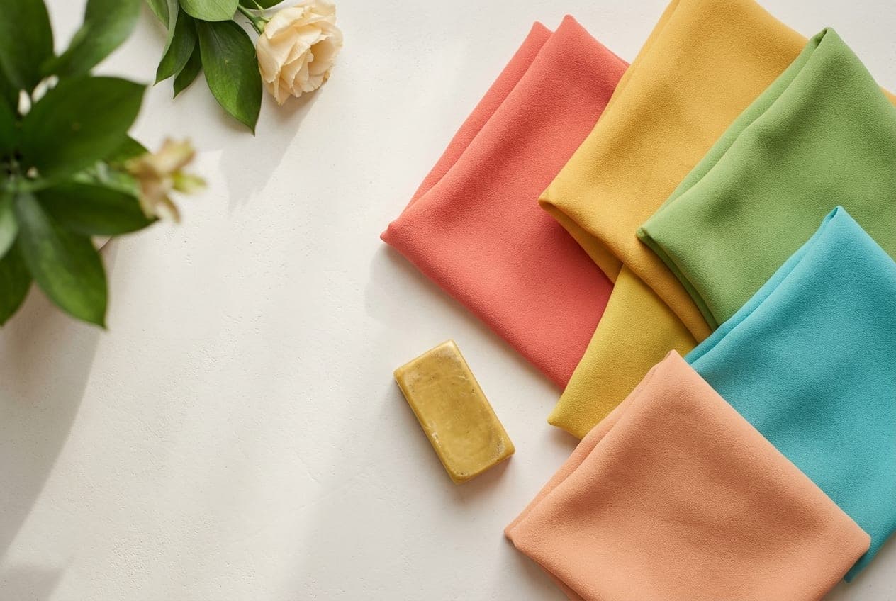 Folded squares of fabric in the Spring palette