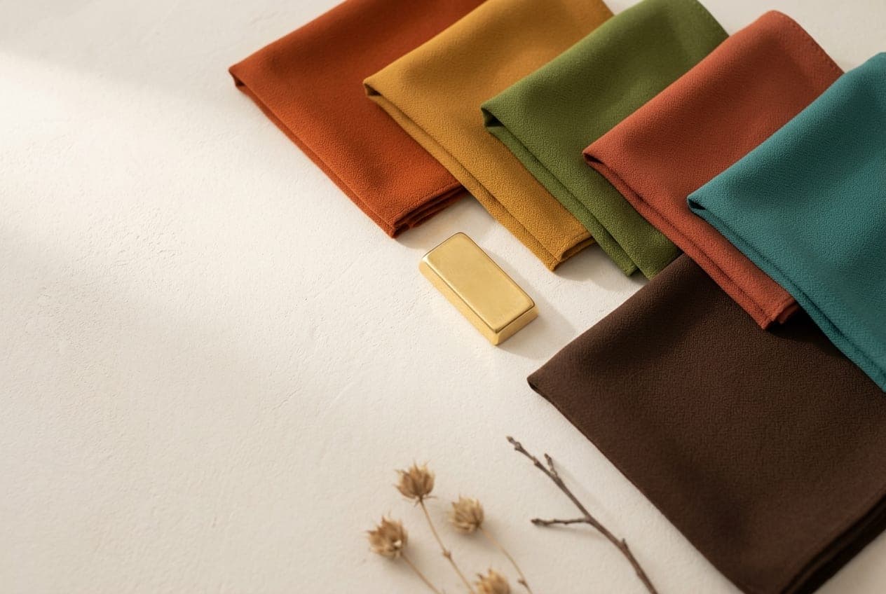 Folded squares of fabric in the True Autumn palette, with its best neutral and metal