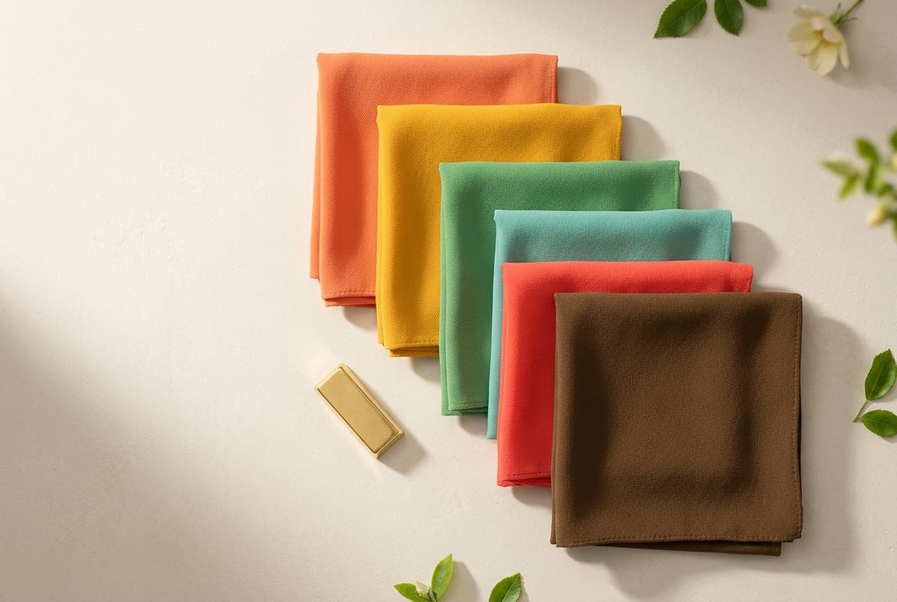 Folded squares of fabric in the True Spring palette, with its best neutral and metal