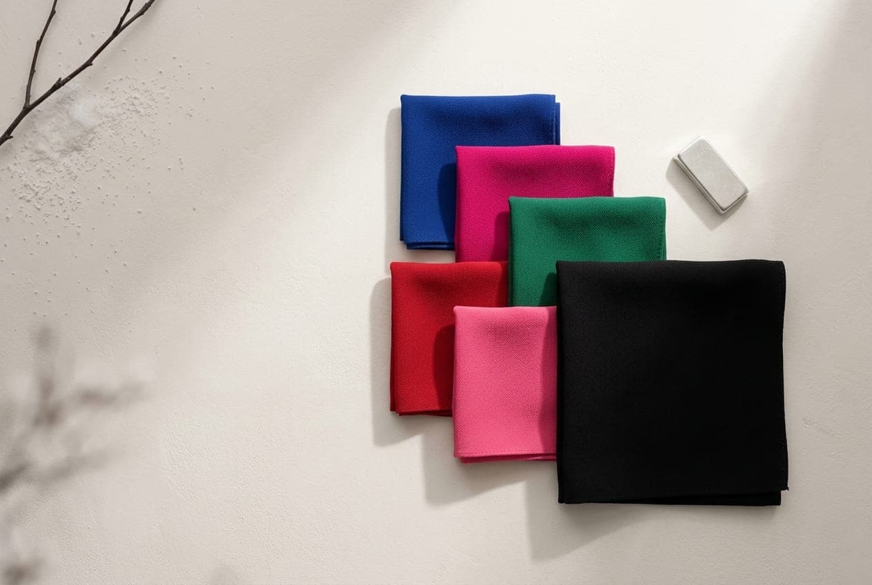 Folded squares of fabric in the True Winter palette, with its best neutral and metal