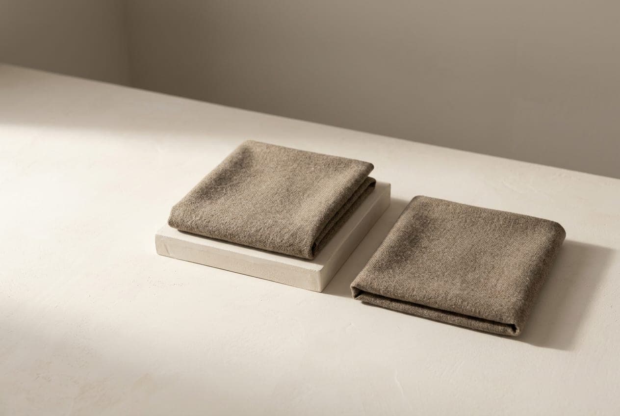 Two squares of the same cloth, one raised on a low plinth and one lying flat
