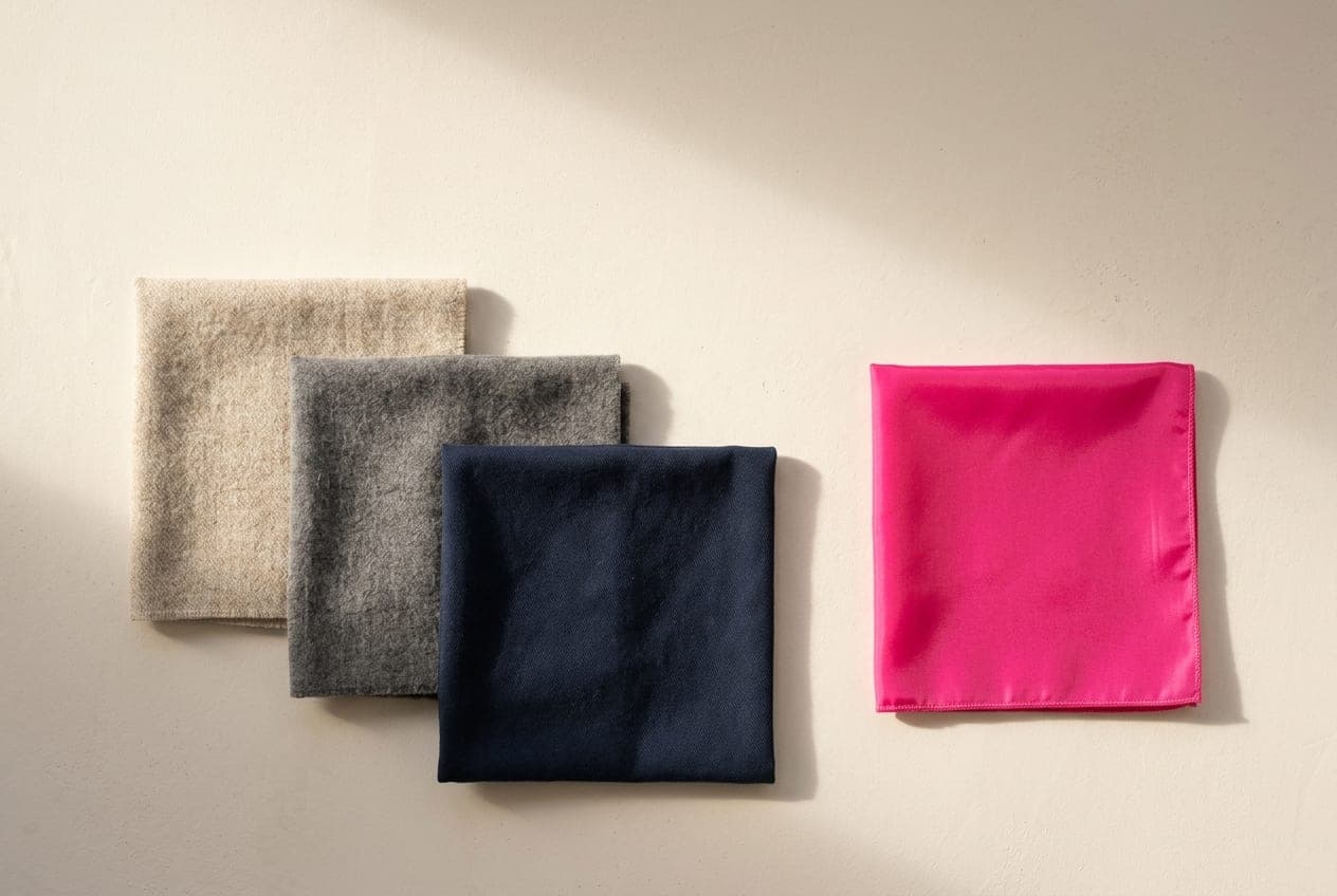 Three quiet worn neutral cloths sitting together, with one loud new novelty square set slightly apart