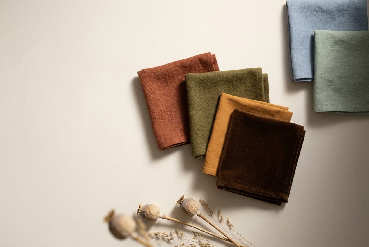 Rust, olive and ochre cloths grouped together with two cool pastels set apart at the edge