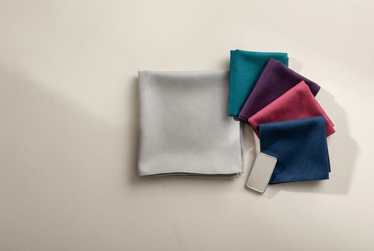 Silver-grey cloth with teal, amethyst, raspberry and ink blue squares and a platinum bar