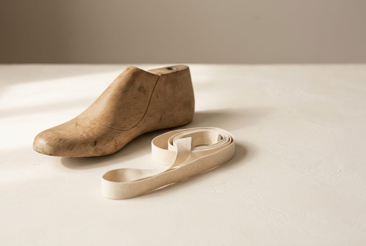 A plain wooden shoe last beside a blank cloth tape with no printed scale