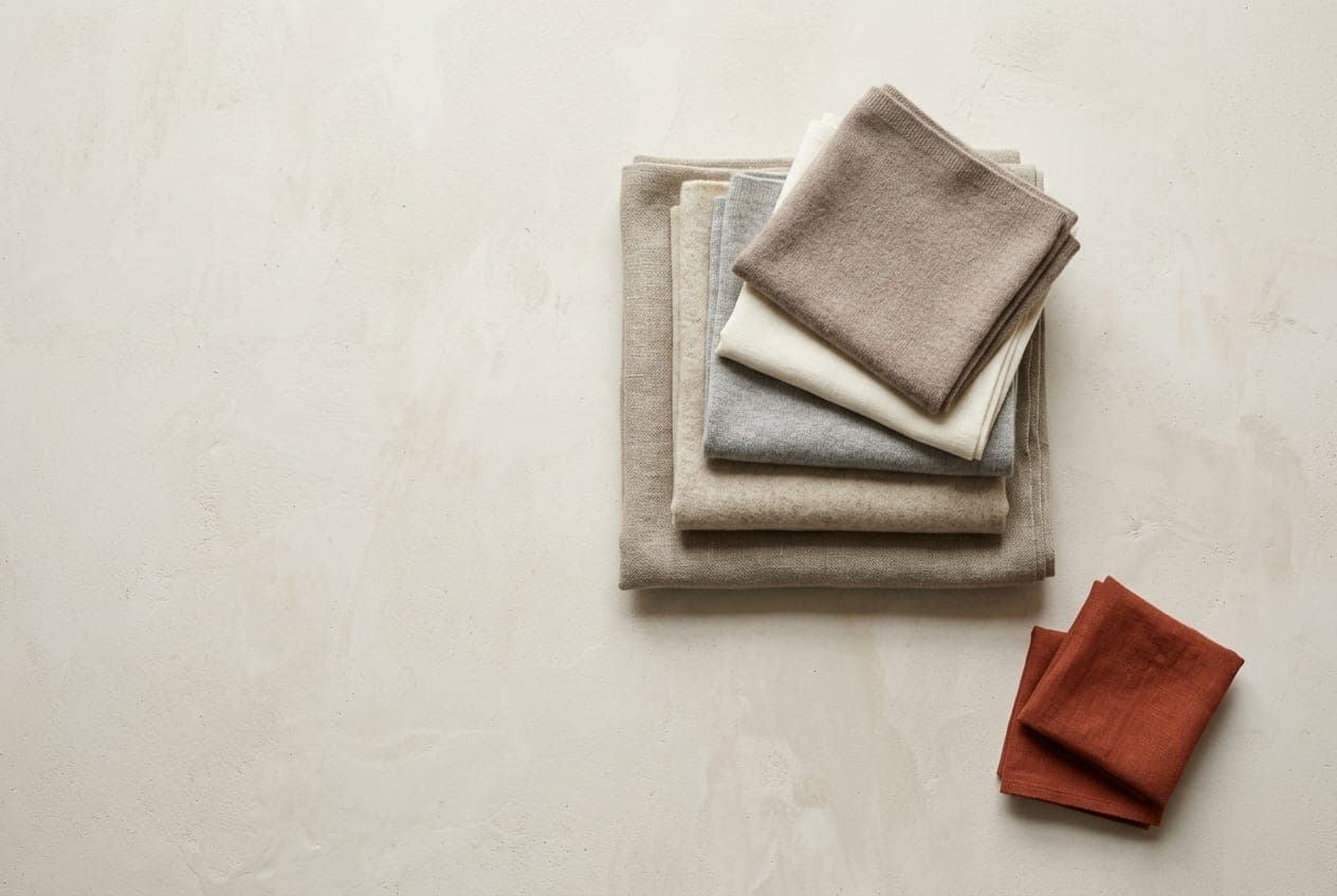 A stack of five folded neutral cloths with two accent squares set apart