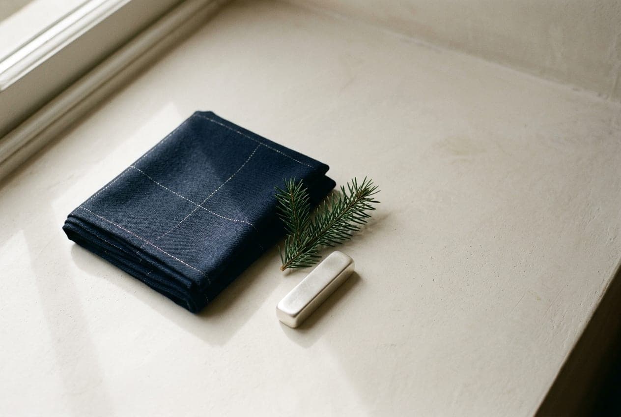 Midnight cloth shot with metallic thread, beside dark evergreen and a silver bar