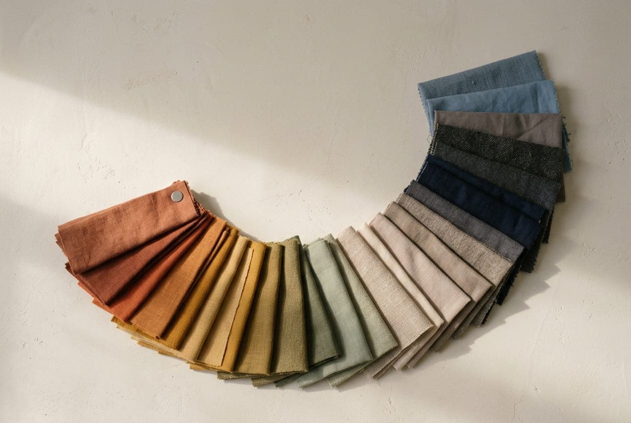 A professional draping fan of cloth swatches spread open in a wide arc