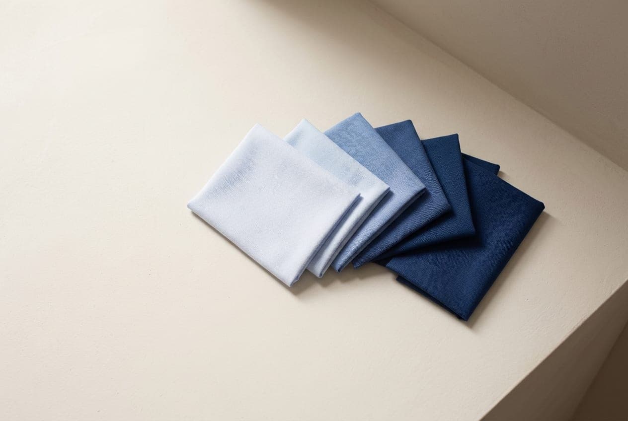 Six shirting cloths fanned from a cool blue-white through pale blue to deep ink
