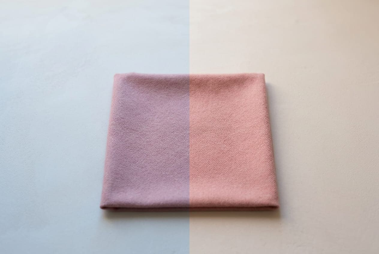 One square of rose cloth reading as two different colours either side of a hard light line