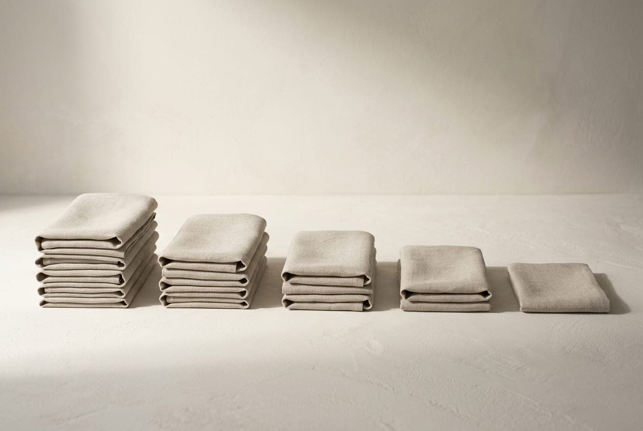 Five stacks of identical folded cloth squares stepping down in height across a row