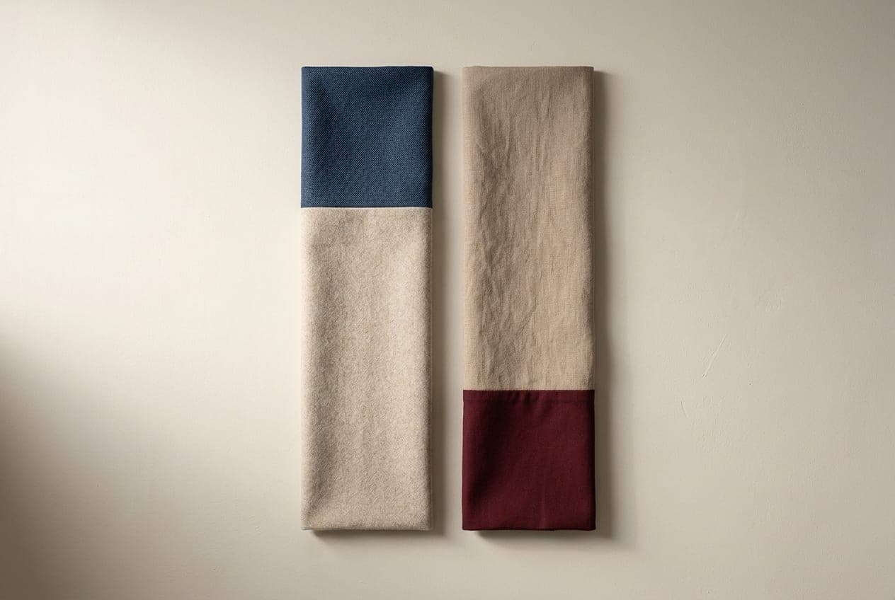 Two cloth strips divided by a change of colour, high on one and low on the other