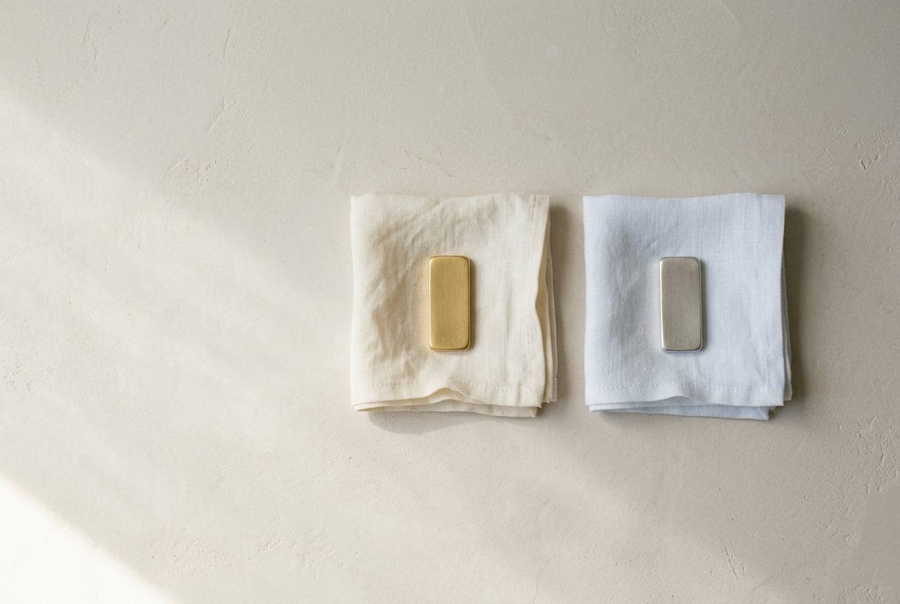 A gold bar on warm ivory cloth beside a silver bar on cool blue-white cloth