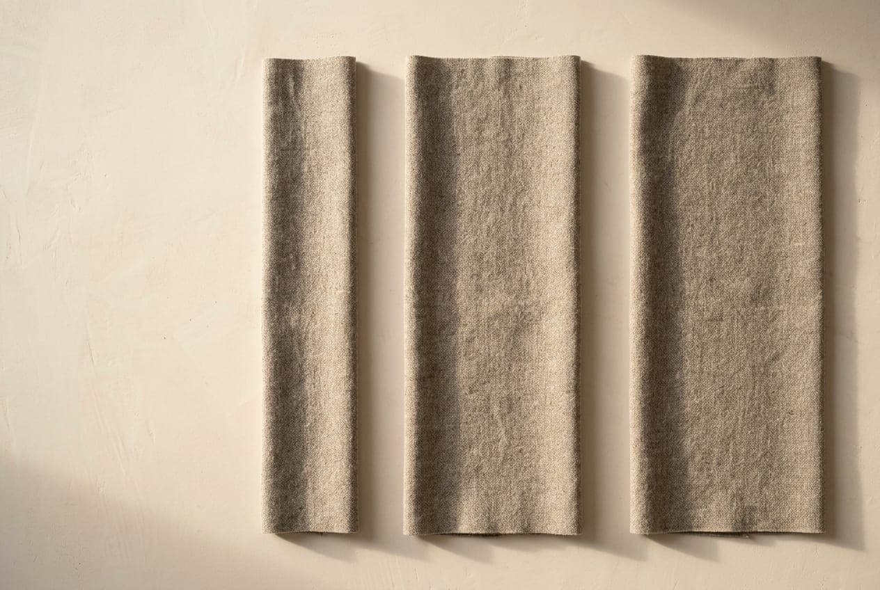 Three panels of the same stone cloth cut to narrow, medium and wide