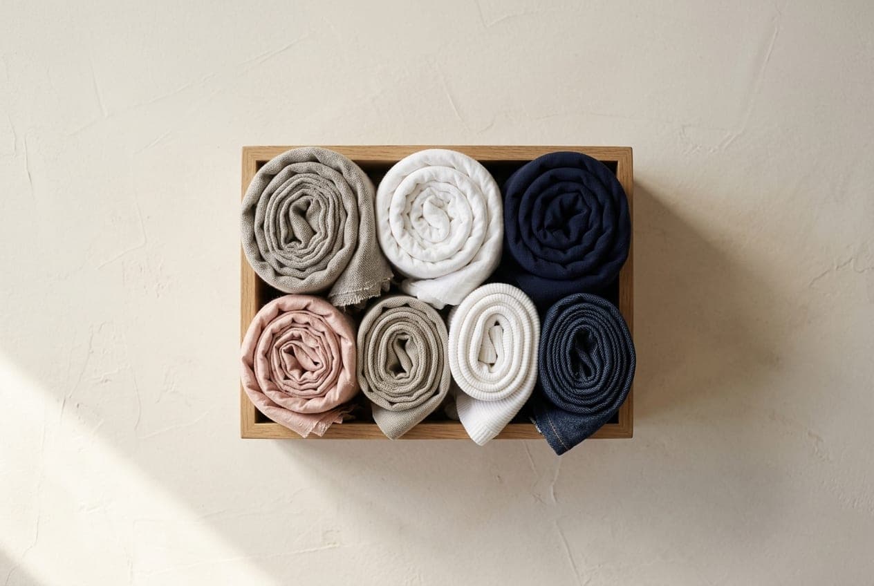 Seven tightly rolled cloth bundles packed upright in a row inside a shallow case
