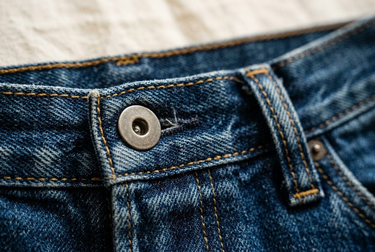 A macro of an indigo denim waistband with belt loops and a plain metal button