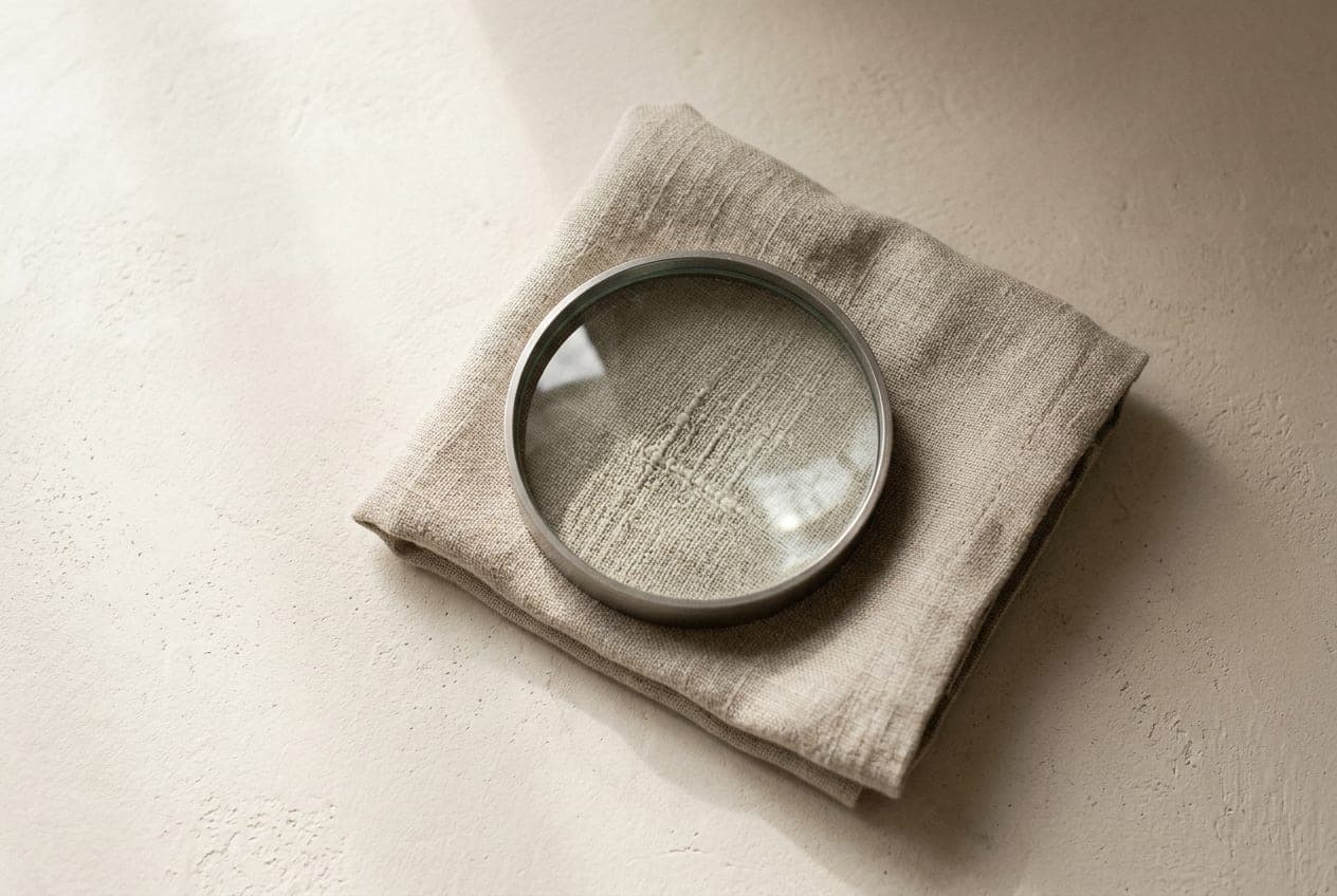 A magnifying glass lying lens-down on stone cloth, magnifying the weave beneath it