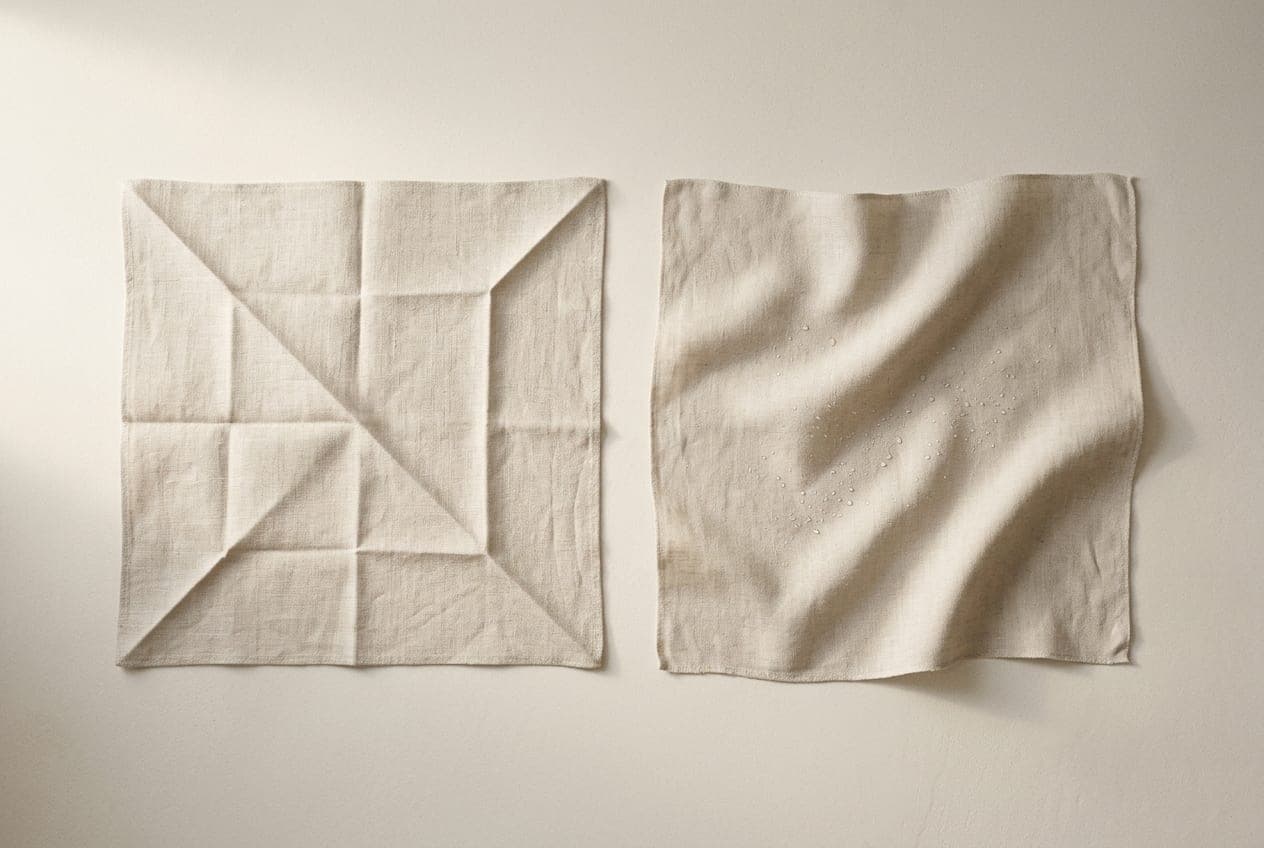 Two squares of pale linen, one hard-creased and one hanging smooth
