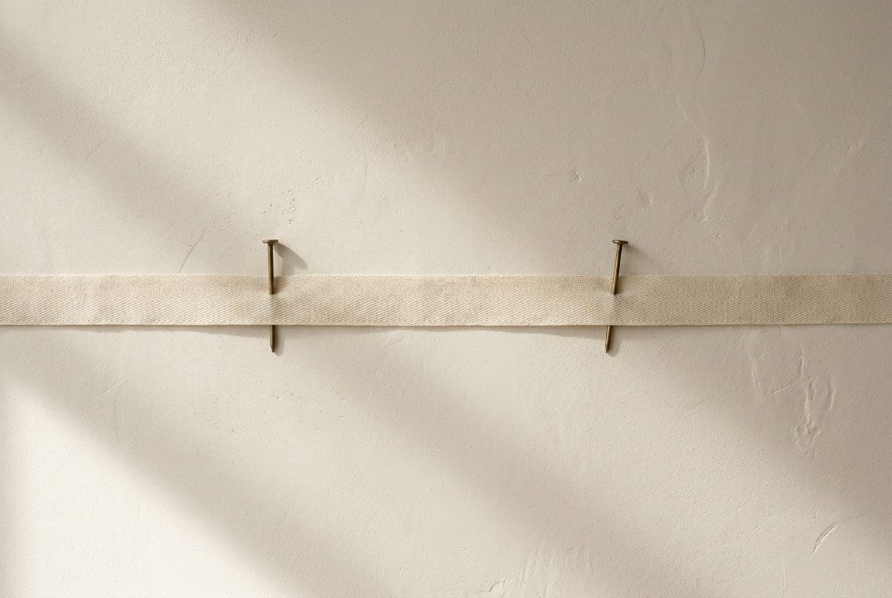 A blank cloth tape drawn straight across plaster with two brass pins marking points