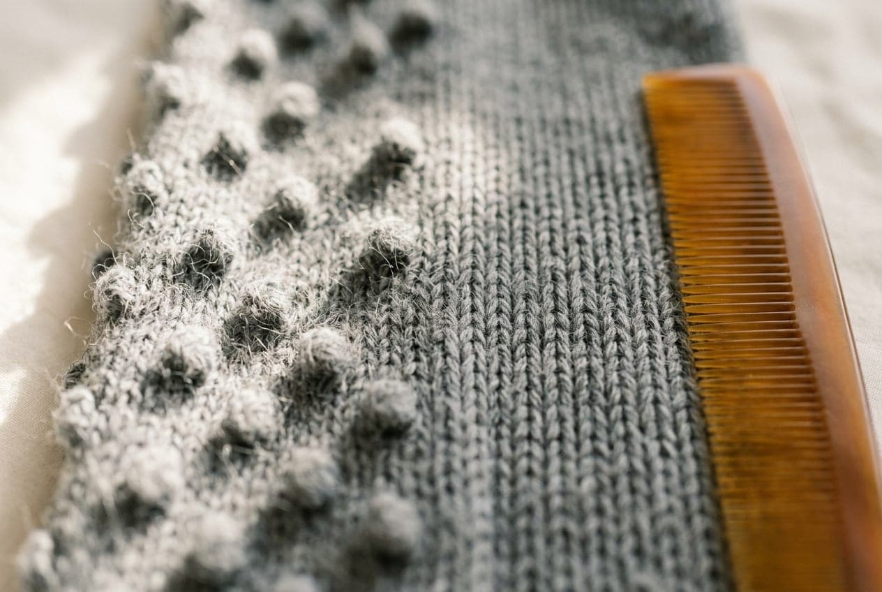 A macro of knitted cloth, bobbled on one half and smooth on the other, with a comb