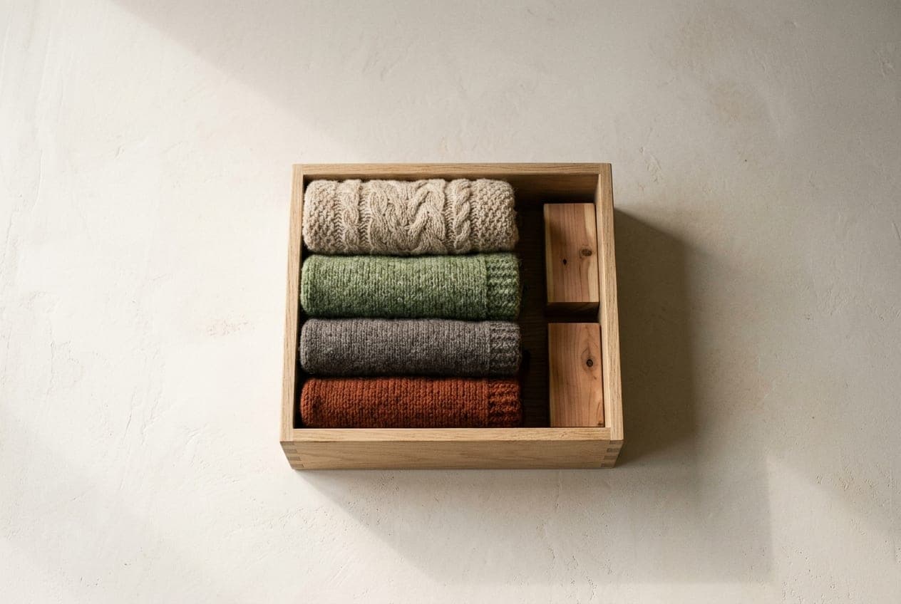 Folded knits stacked in a shallow wooden drawer with cedar blocks tucked beside them