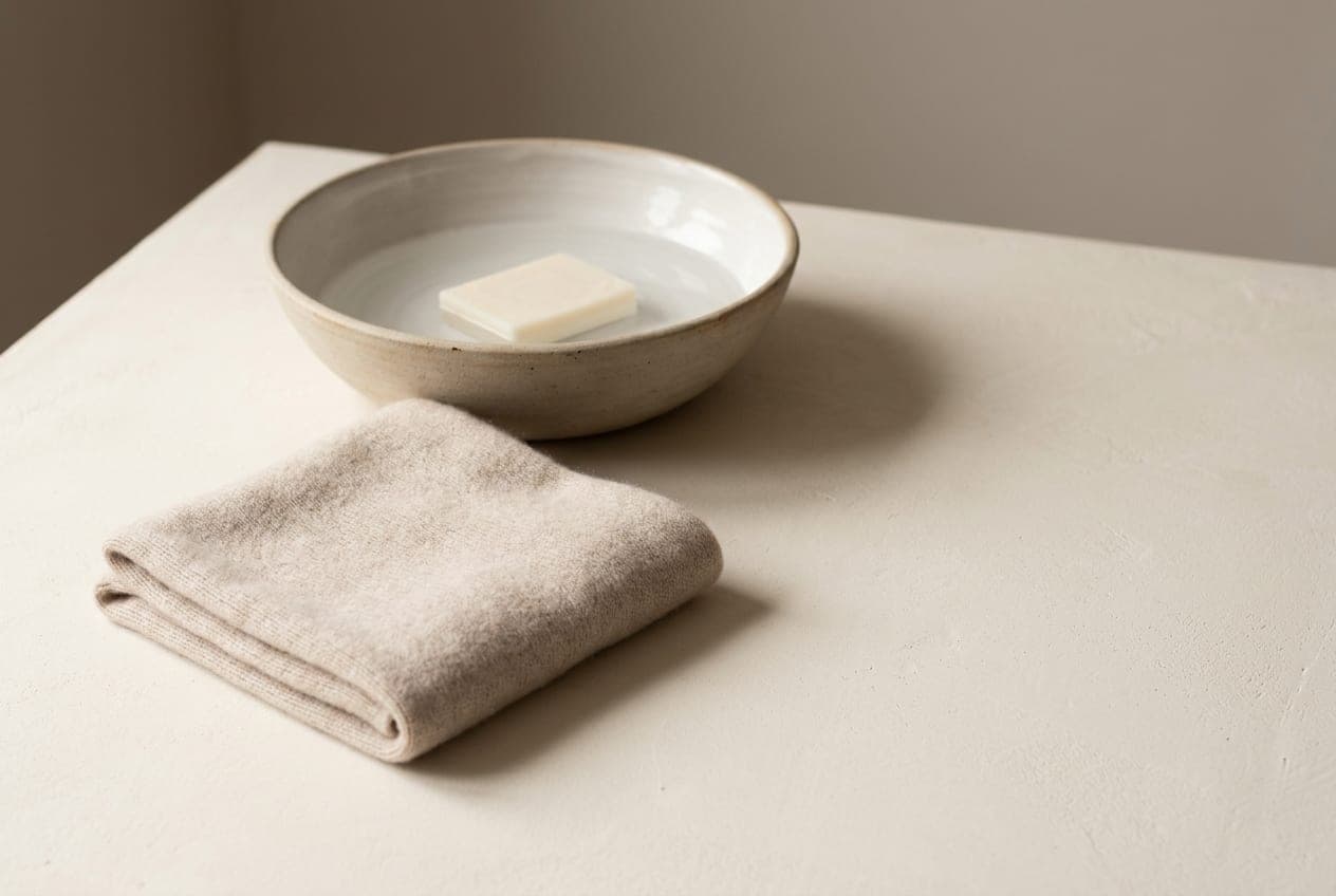 A folded cashmere knit beside a shallow bowl of water and a flake of soap