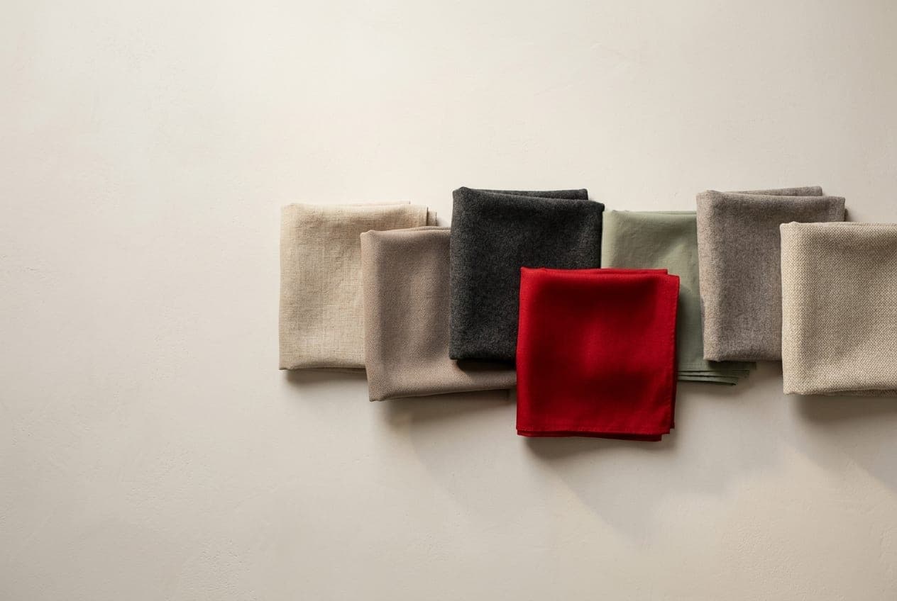 Six muted neutral cloths in a row with a single saturated scarlet leading them
