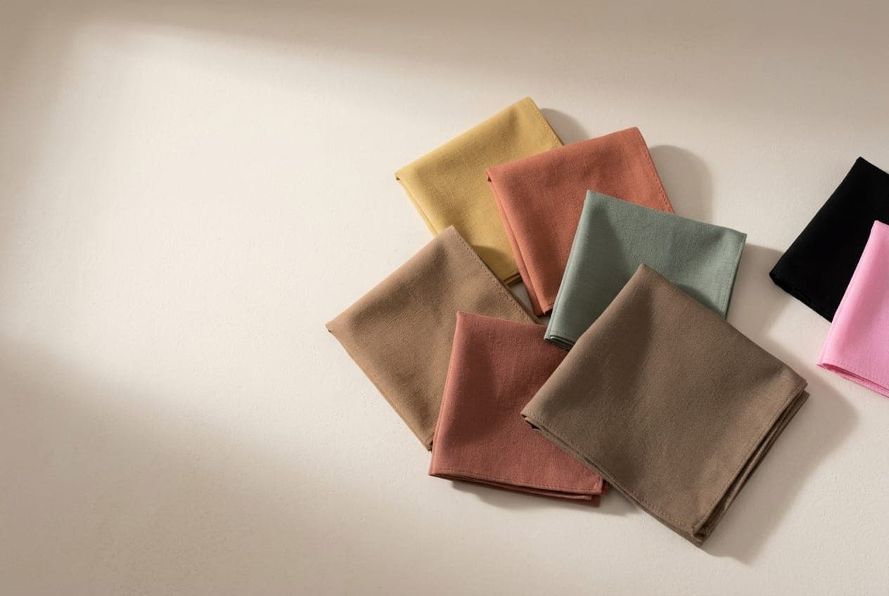 Muted gold, dusty terracotta and greyed sage cloths, with a pure black and a bright pink set apart
