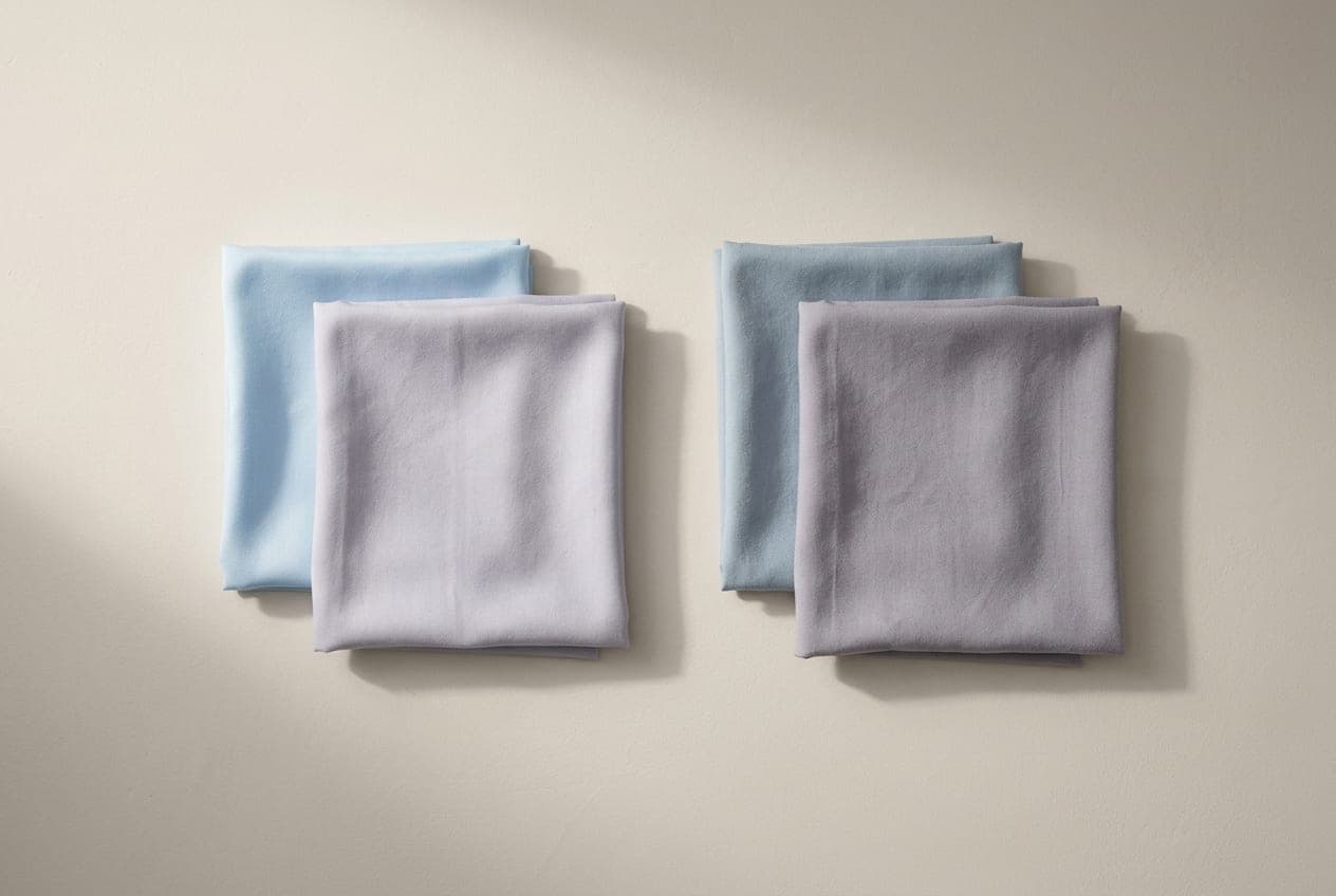 Two pairs of cool-toned fabric squares, one pair clear and pale, the other greyer