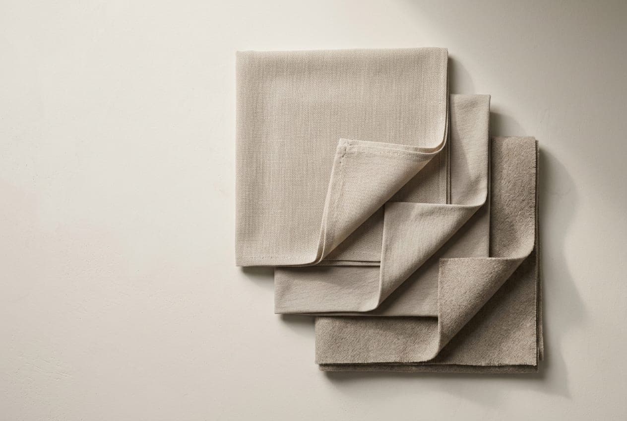 Three squares of the same stone cloth in three different weights, stacked in a fan so each layer shows beneath the last