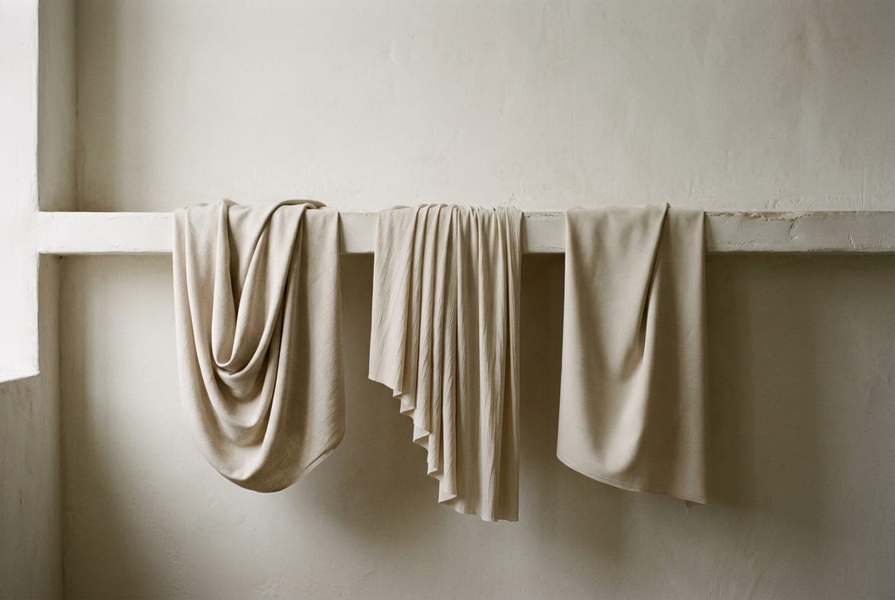 Three lengths of the same pale cloth hanging over a shelf edge, each falling differently