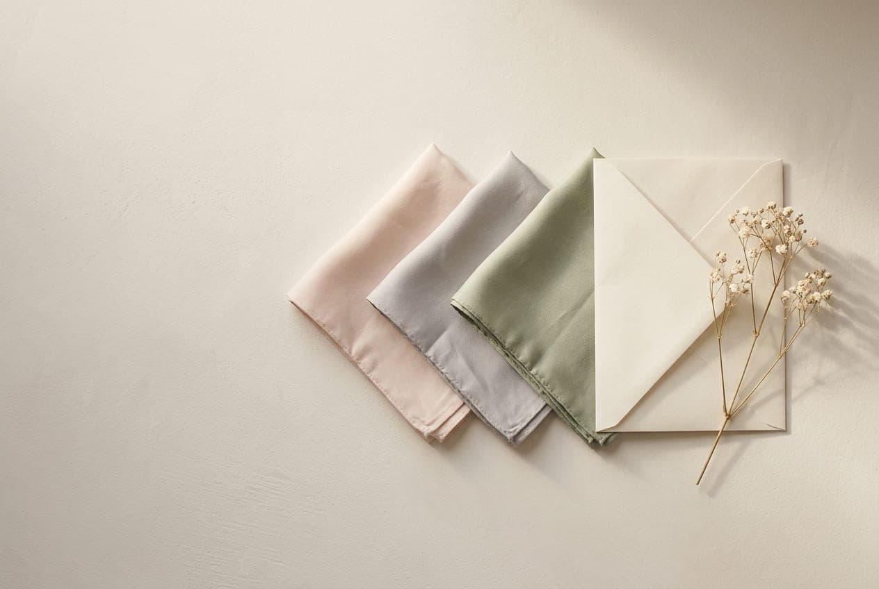 Three squares of pastel silk beside a blank cream envelope and dried gypsophila