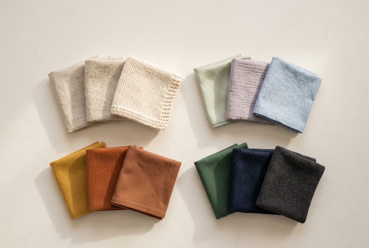 Folded fabric squares grouped into four quadrants, one for each colour season
