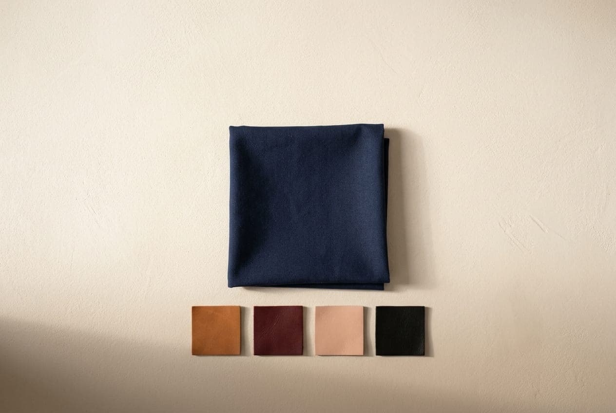 A square of navy cloth above four leather squares in tan, burgundy, nude and black