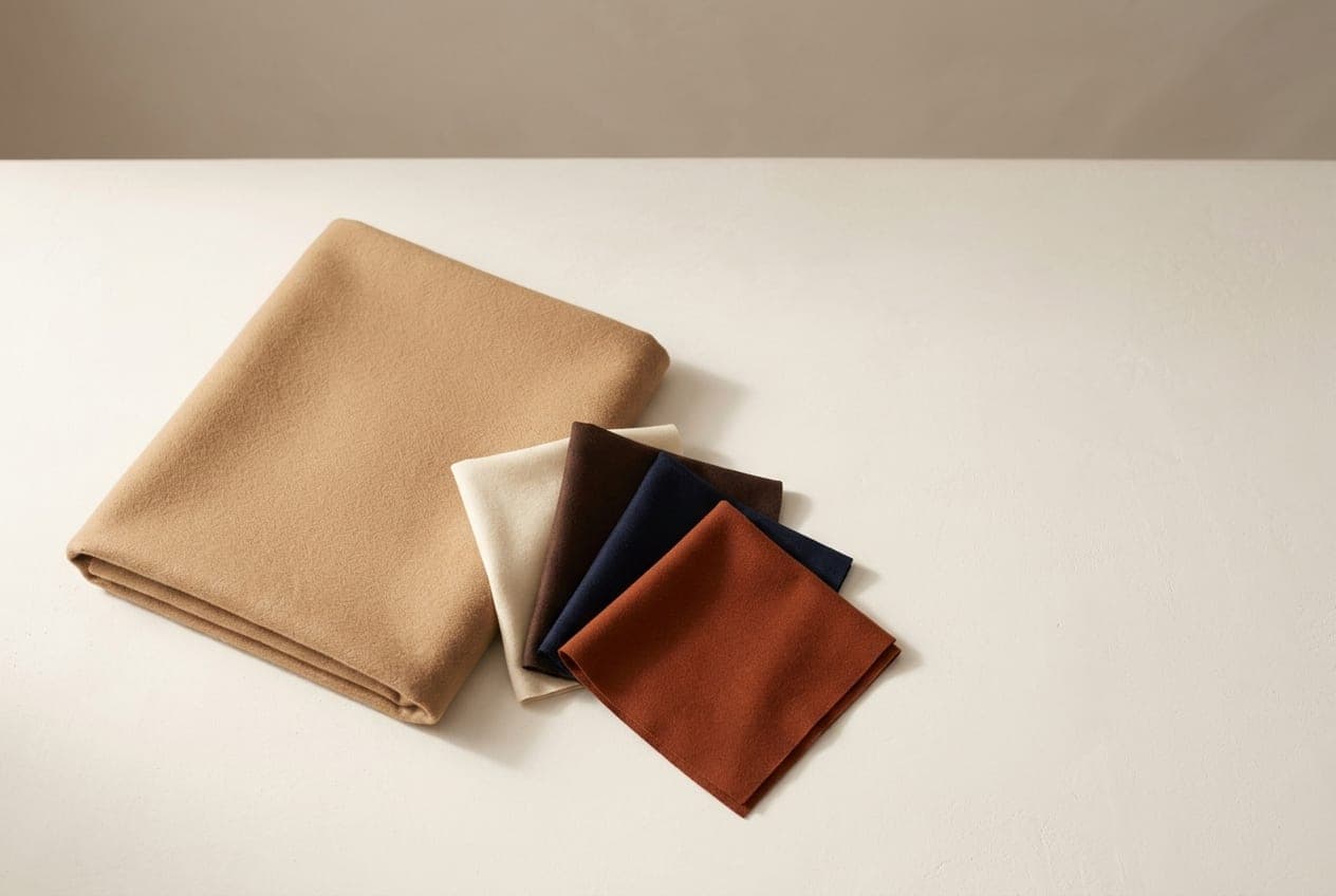 Camel coating cloth with cream, chocolate, navy and rust squares fanned beside it