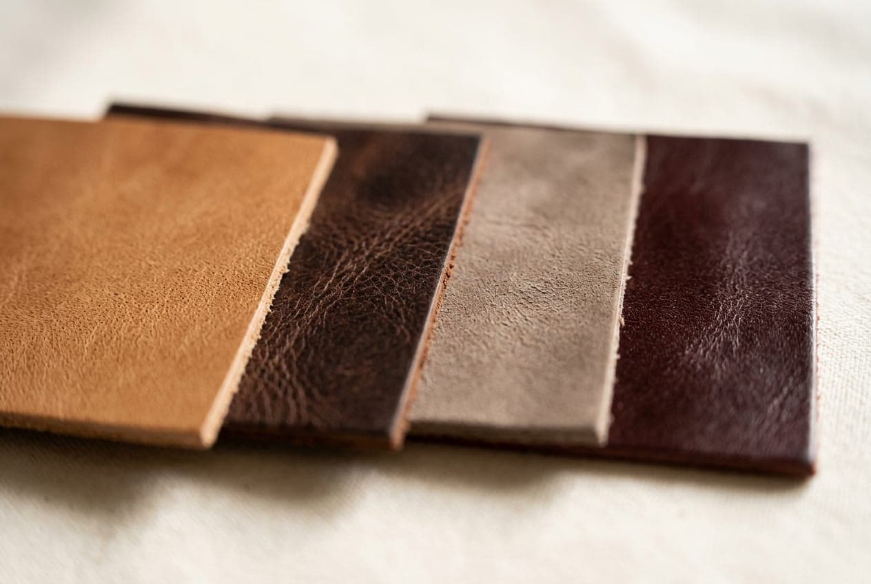 A macro row of four leather squares — light tan, chocolate, taupe and oxblood