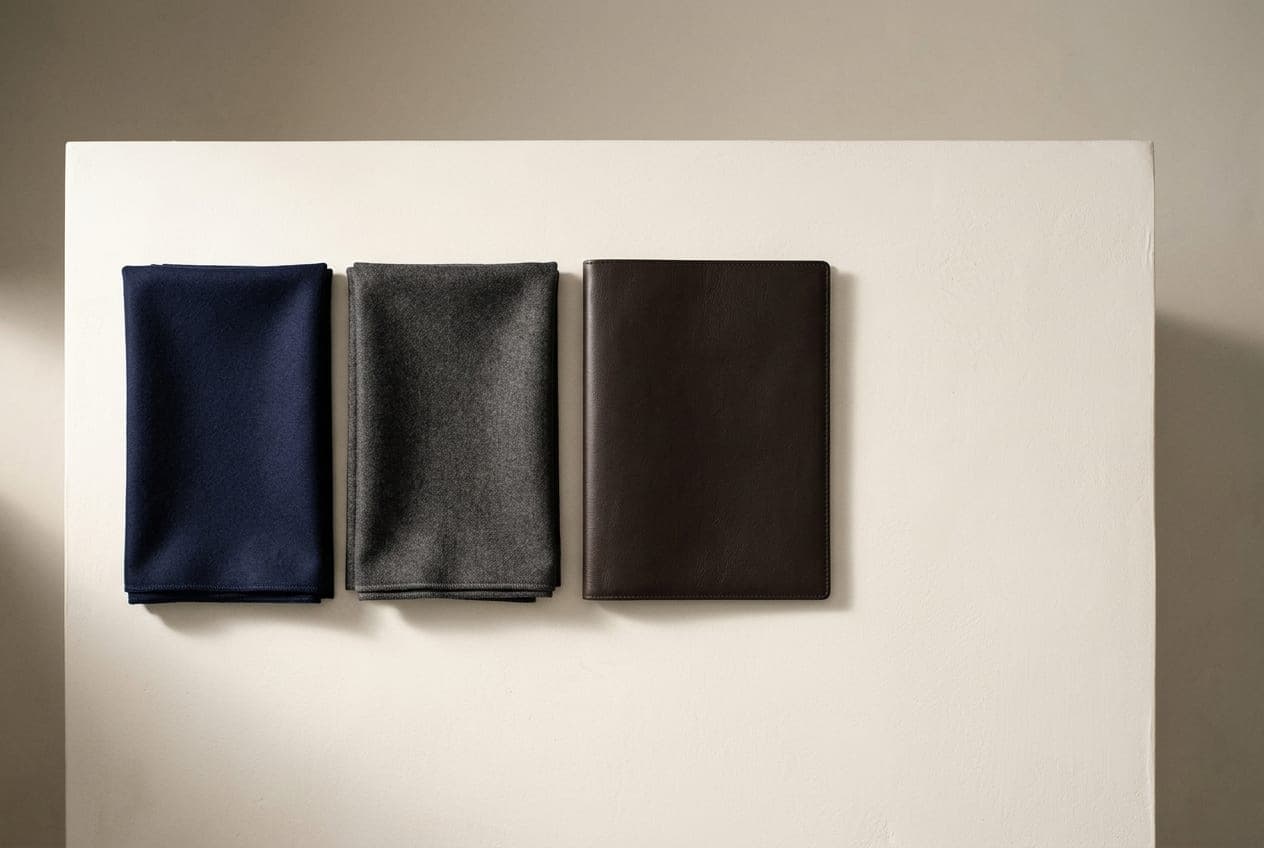 Crisply folded navy and charcoal cloth beside a plain closed leather folio