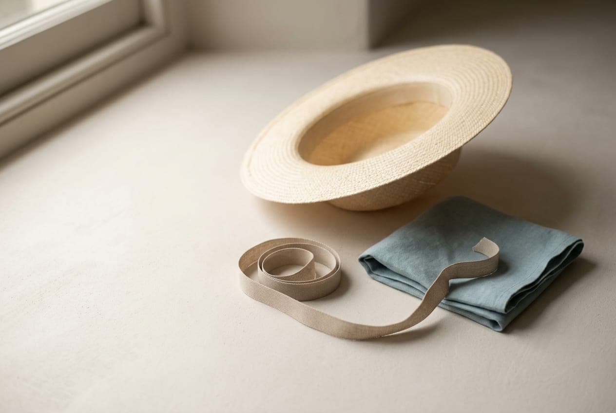 An undecorated straw hat form beside duck-egg cloth and a coil of grosgrain ribbon