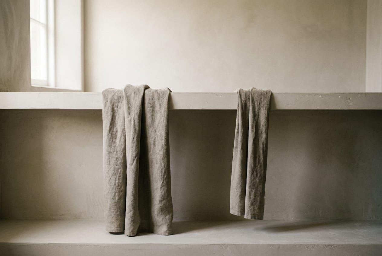 Two lengths of stone cloth over a shelf edge, one broad and heavy, one narrow