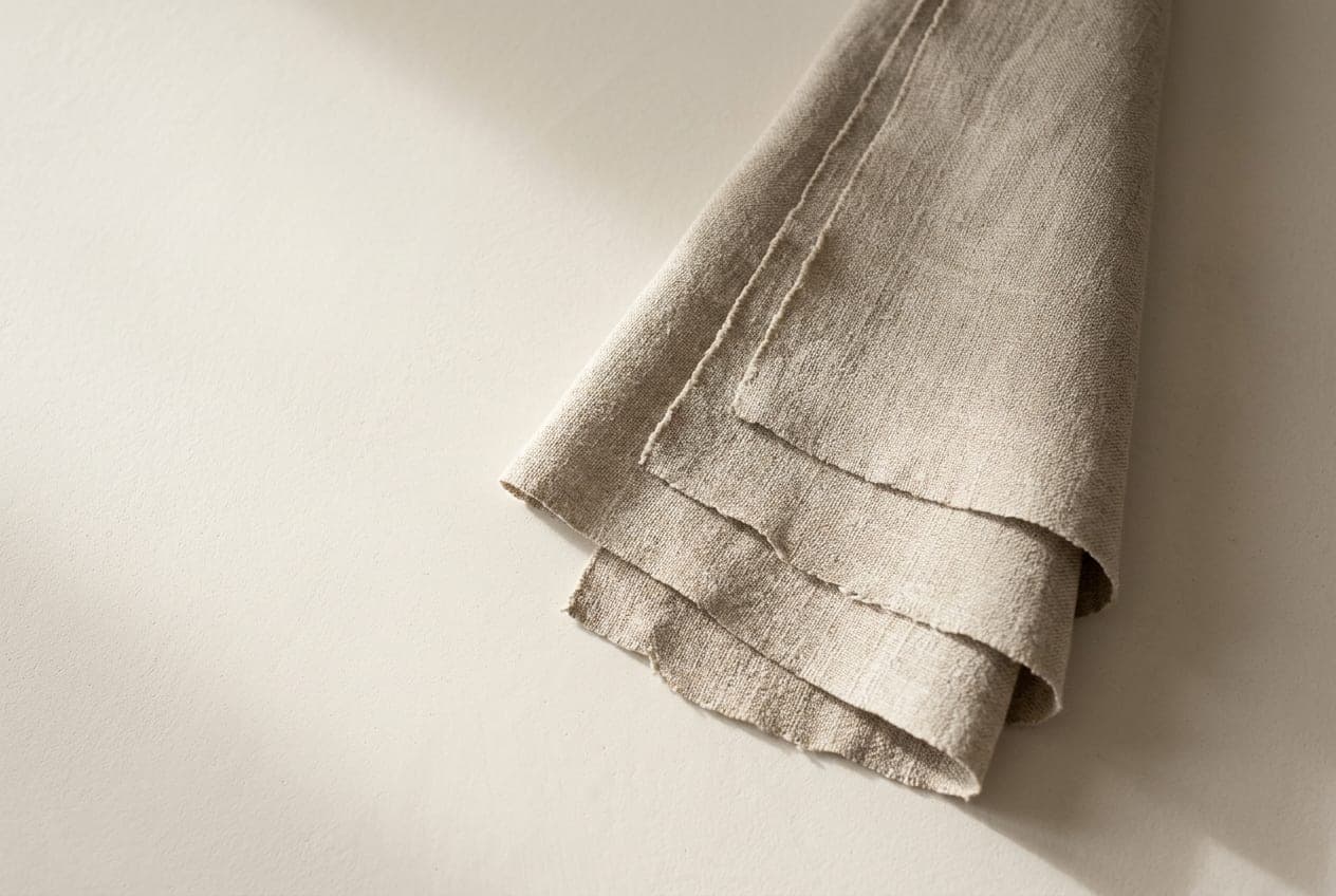 Three panels of identical cloth overlapping in a fan, each a different width