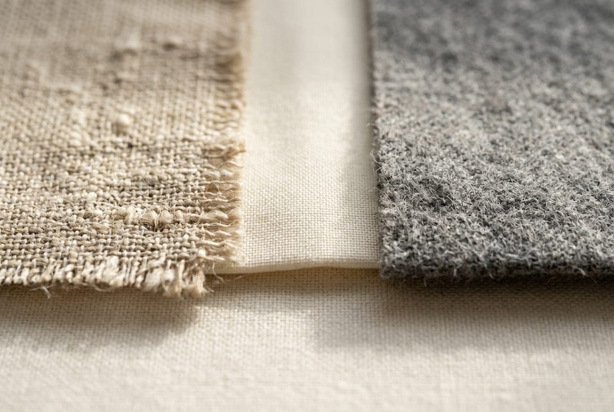 A macro view of linen, cotton poplin and brushed wool meeting in one frame
