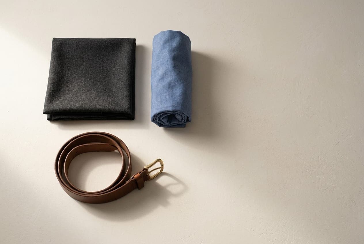 Folded charcoal worsted wool and mid-blue oxford cotton beside a plain leather belt