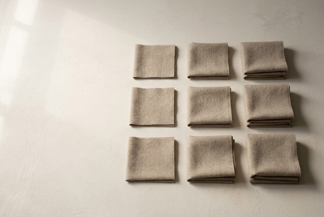 Six squares of the same cloth laid out in an even grid, each folded to a different thickness
